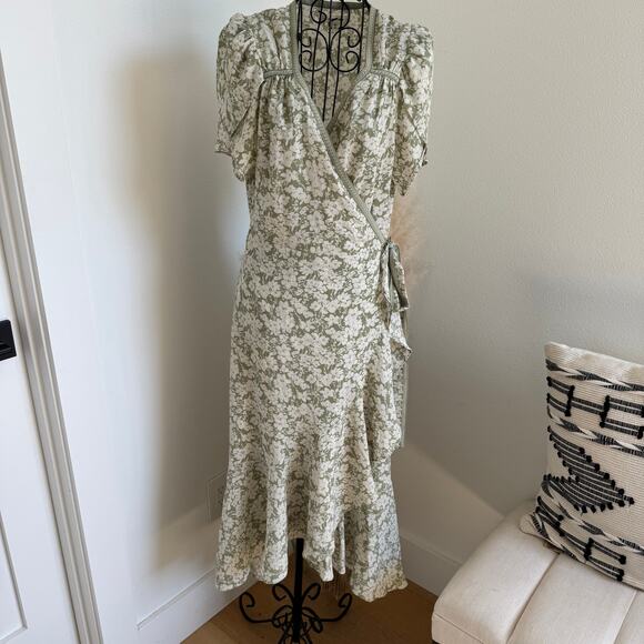 Max Studio Green Floral Ruffle Tulip Sleeve Midi Wrap Belted Dress- Med- Cottage - Picture 4 of 12